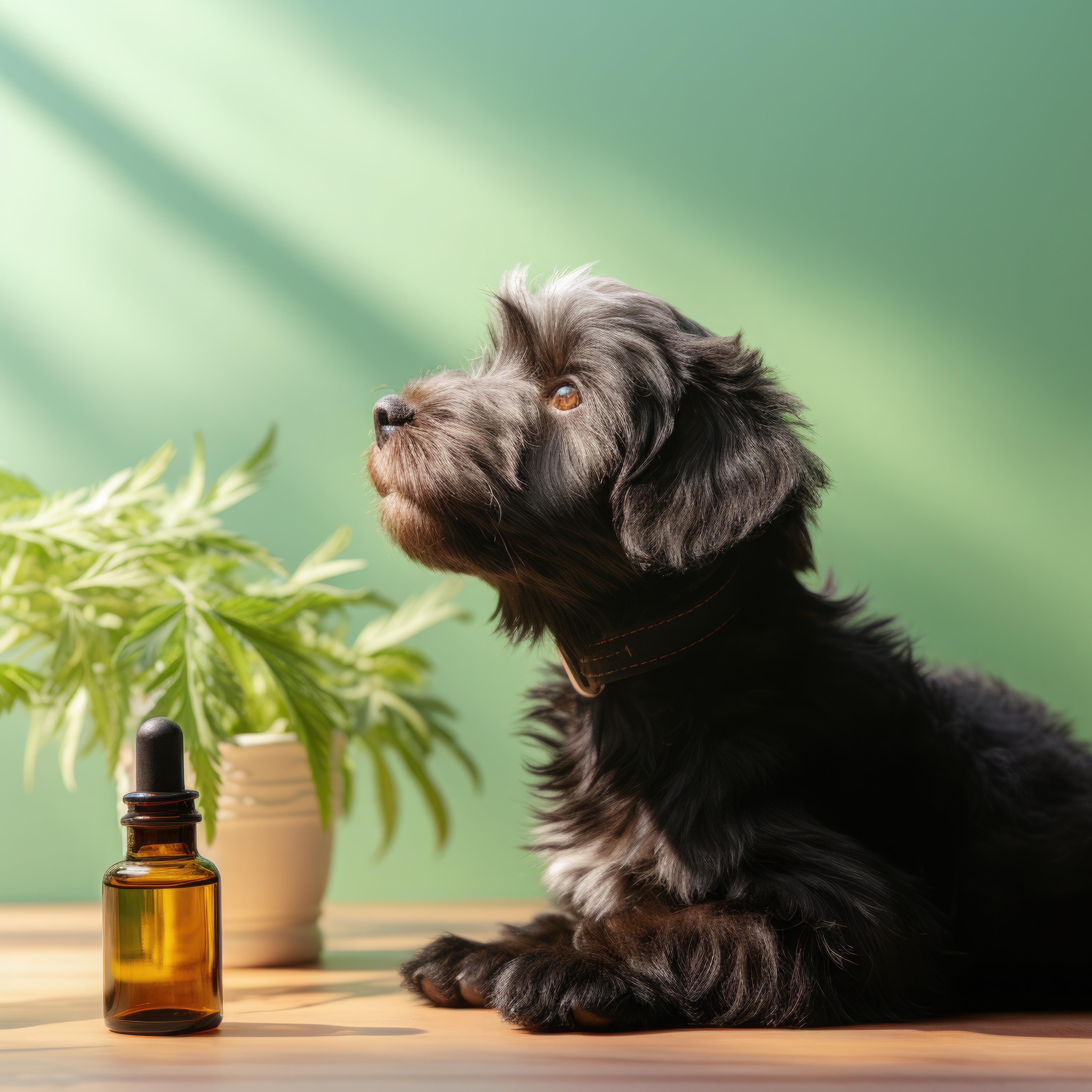 Entspannter Hund neben einer Cannabispflanze mit einer Flasche Vollspektrum CBD Öl